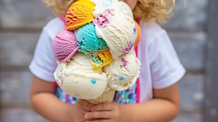 A child holding a huge, overflowing ice cream cone with multiple scoops and flavors