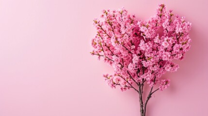 Fototapeta premium A flourishing pink cherry blossom hear-shaped tree isolated against a solid pink background.