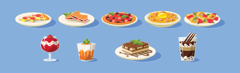 Pudding in Glass, Pizza, Pasta and Sandwich on Plate on Blue Background as Served Food Vector Set