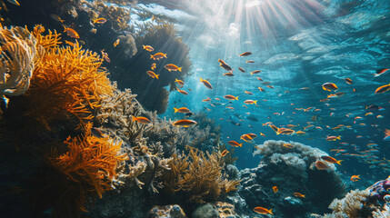 Fototapeta na wymiar A colorful underwater scene with diverse marine life and corals, illuminated by sunlight from above