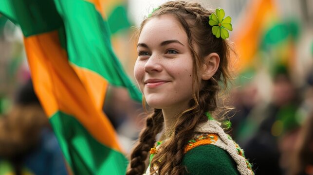 A young girl with braided hair and a clover in her hair smiles during a parade, with green and orange flags in the background.