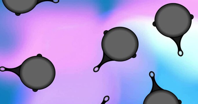 Animation of frying pans falling over purple background