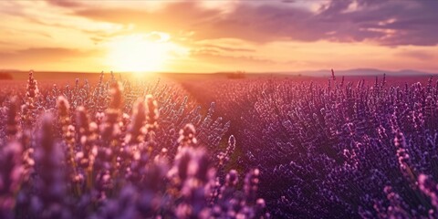As the Sun Sets, a Fragrant Lavender Field: Organic Farming Yields Blooming Purple Beauty and Sweet Perfume, a Feast for the Senses, Generative AI