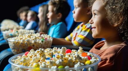 Bowls of popcorn and colorful candies with children watching TV in the background.