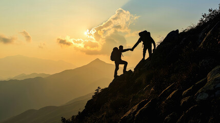 Silhouette photo of mountain climber helping his friend to reach the summit, showing business teamwork, unity, friendship, harmonious concept.	