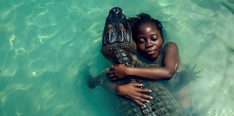 Brave black African girl hugging an alligator in lagoon with copy space - obrazy, fototapety, plakaty