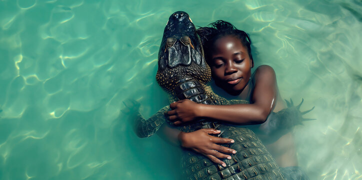 Brave black African girl hugging an alligator in lagoon with copy space