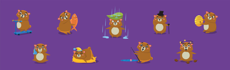 Funny Brown Bear Character Engaged in Different Activity Vector Set