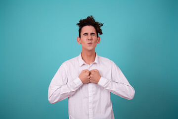 Global crisis and stupid government. A funny guy and his problems. Blue background.