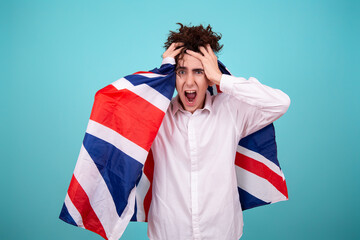Global crisis and stupid government. A funny guy and his problems. Blue background.