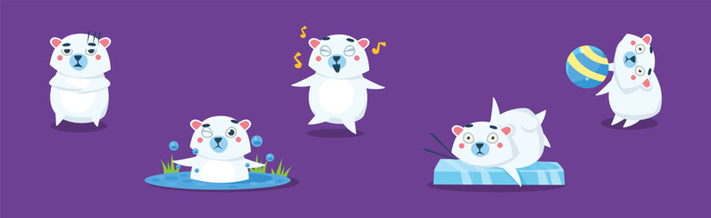 Funny White Bear Character Engaged in Different Activity Vector Set