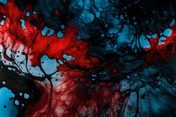 Acrylic blue and red colors in water. Ink blot. Abstract black background   
