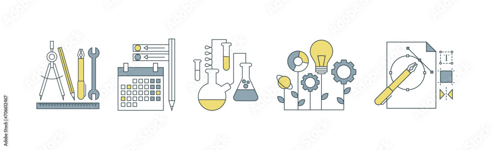Poster knowledge and science creative process thin line flat icon vector set
