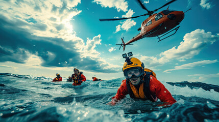 Maritime rescue teams are on duty using helicopters to rescue victims - obrazy, fototapety, plakaty