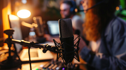 Selective focus of microphone used by young men and women while recording podcasts during...