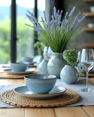 table setting. shades of blue dining table setup with blurry white background with copy space, depth of field, green plants