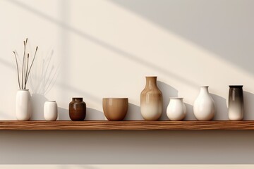 Fototapeta na wymiar Row of Vases on Wooden Shelf