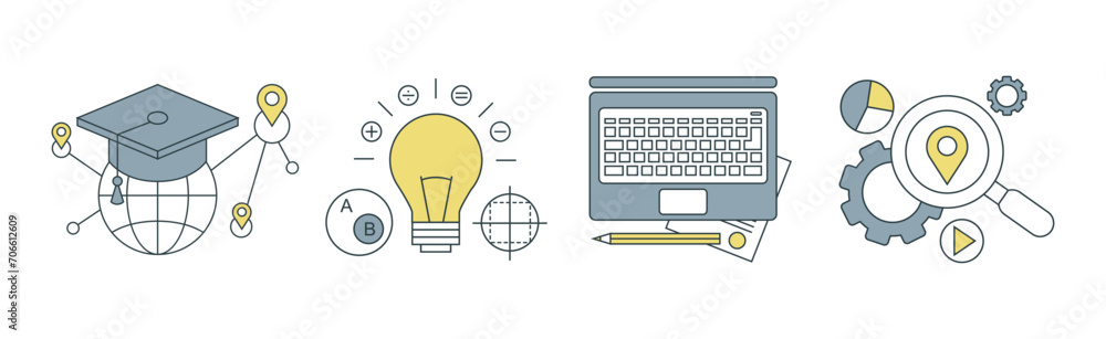Poster knowledge and science creative process thin line flat icon vector set