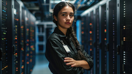 Confident young woman standing in a data center with racks of network servers and glowing lights in the background