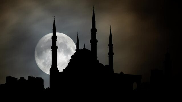 Mohammed Al Amine Mosque in Beirut Down Town, Time Lapse by Night with Full Moon