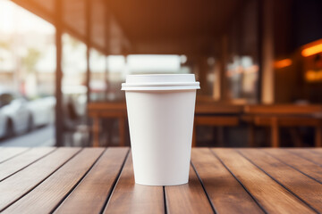 Paper blank coffee cup on wooden table