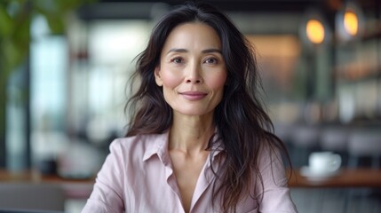 Obraz premium A smiling middle-aged Asian businesswoman in a formal, pink shirt sits confidently at her desk in an elegant modern director's office.