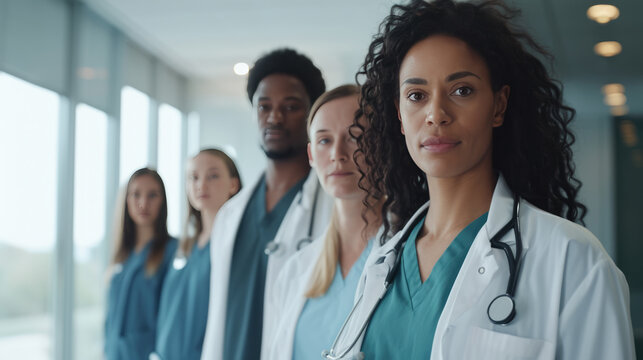 Diverse group of medical professionals, with a doctor in a white lab coat and stethoscope at the forefront, smiling at the camera.