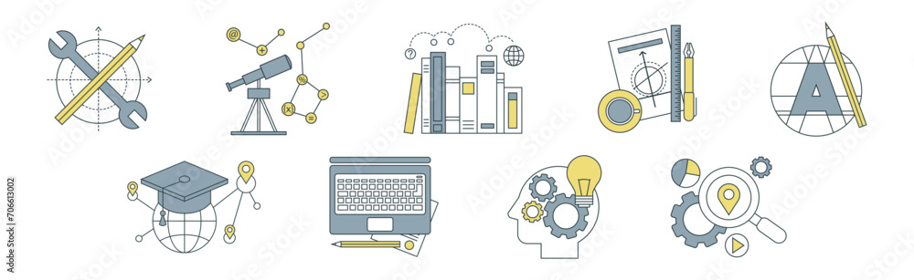 Sticker knowledge and science creative process thin line flat icon vector set