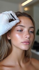 Fototapeta premium Professional eyebrow shaping session highlighting a young woman's natural beauty in a modern salon environment during daylight hours