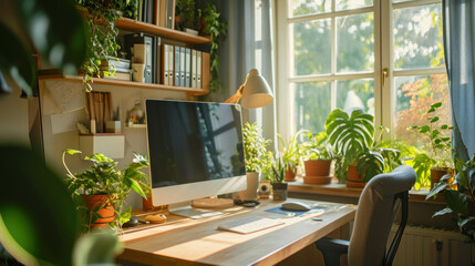 Fototapeta premium Interior of home office with computer at table