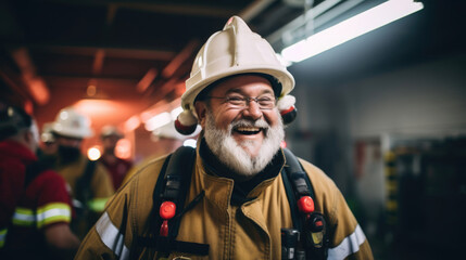 Brave firefighter with hat guiding team during exercise in firehouse - obrazy, fototapety, plakaty