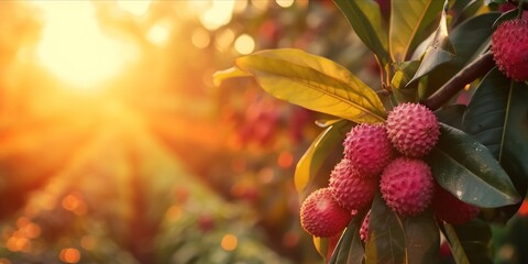 As the Sun Sets, Dew-Kissed Lychees Flourish in a Lush Plantation: Organic Farming Yields Fresh, Ripe Exotic Fruits, a Tropical Delight, Generative AI - obrazy, fototapety, plakaty