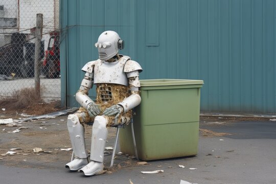Broken humanoid robot in a dumpster