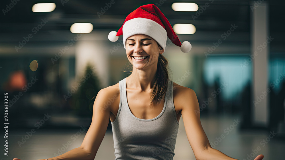 Wall mural santa hat-clad yoga instructor fosters calm and mindfulness