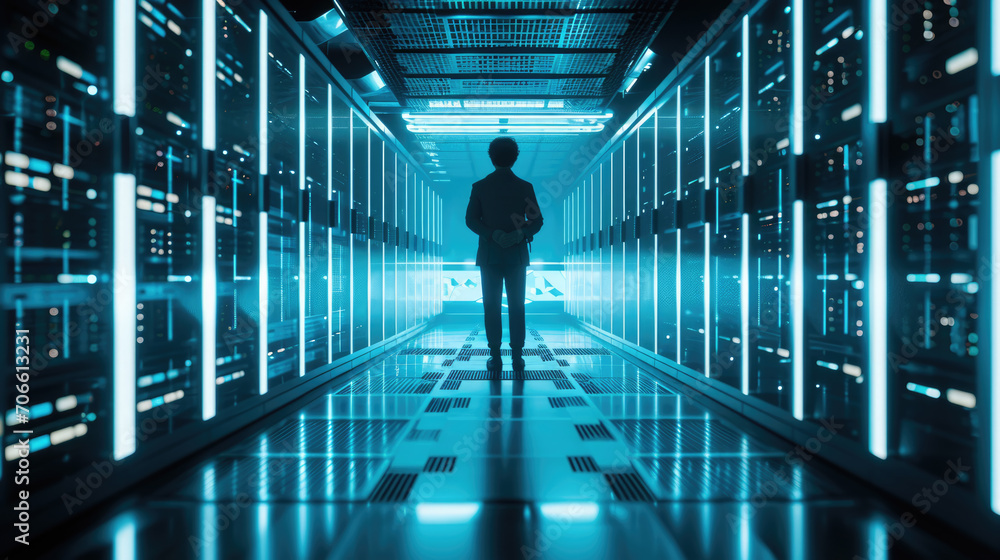 Poster silhouette of a person standing in the middle of a data center aisle, flanked by server racks with g