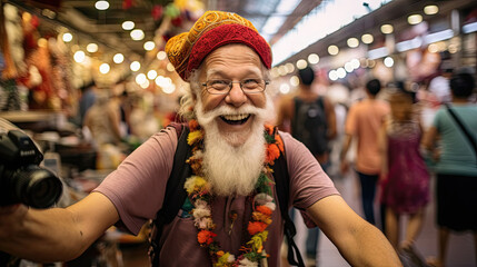 Travel photographer in hat captures lively street market vibes - obrazy, fototapety, plakaty
