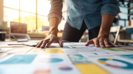 Person Standing Over Table With Papers - Organizing, Working, Documents