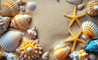 Fototapeta na wymiar sea shells and starfish on sand