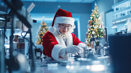 Young scientist in Santa hat innovates in well-equipped laboratory