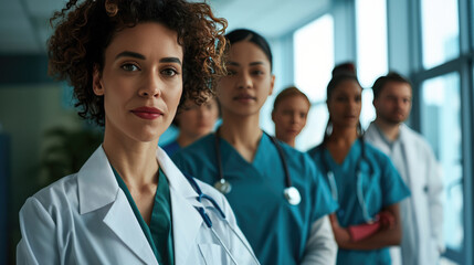 Fototapeta premium Diverse group of medical professionals, with a doctor in a white lab coat and stethoscope at the forefront, smiling at the camera.