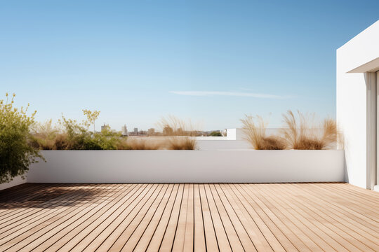 Empty outdoor roof terrace with potted plants in minimal style