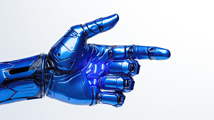 Cobalt blue robotic hand points confidently in a white studio