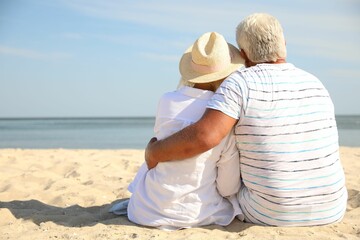 Fototapeta premium Mature couple spending time together on sea beach, back view