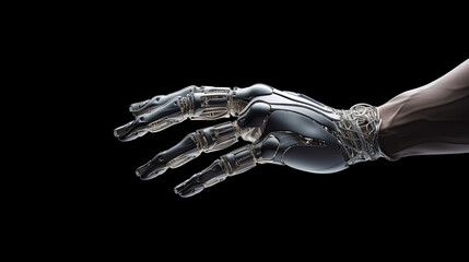 Silver robotic hand forms pointing gesture with precision craftsmanship - obrazy, fototapety, plakaty