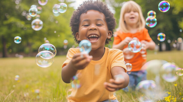 Little boy having fun with friends in park blowing bubbles
