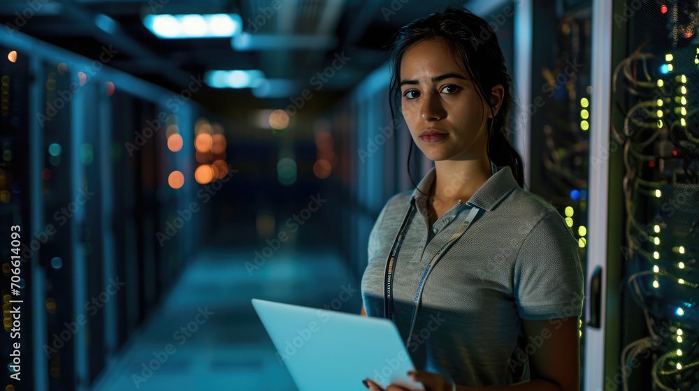 Aufkleber focused it professional using a laptop while standing in a server room with racks of network equipme