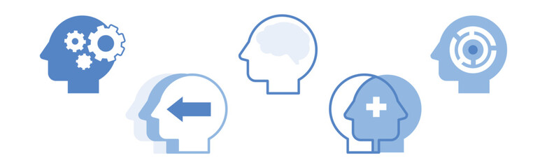 Blue Head with Brain as Icon of Imagination and Mind Power Vector Set