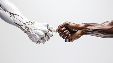 Metallic robotic fist bumps human fist exemplifying technology integration