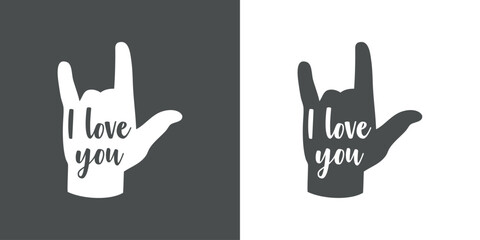 Silueta de mano gesticulando signo de amor con texto I Love you