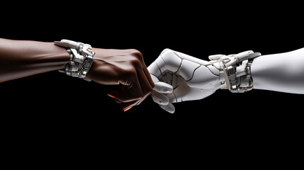 Fototapeta na wymiar Robotic fist collides with human fist radiating strength and unity